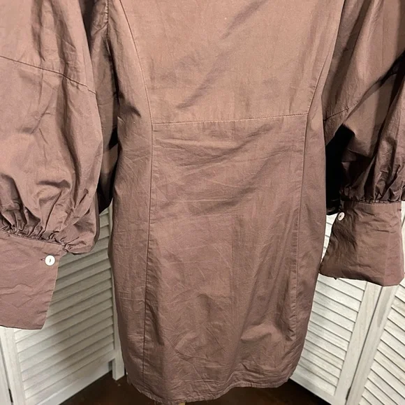 Size M Reminiscene Brown Puffy Sleeve Tie Waist Shirt Dress - Picture 12 of 16